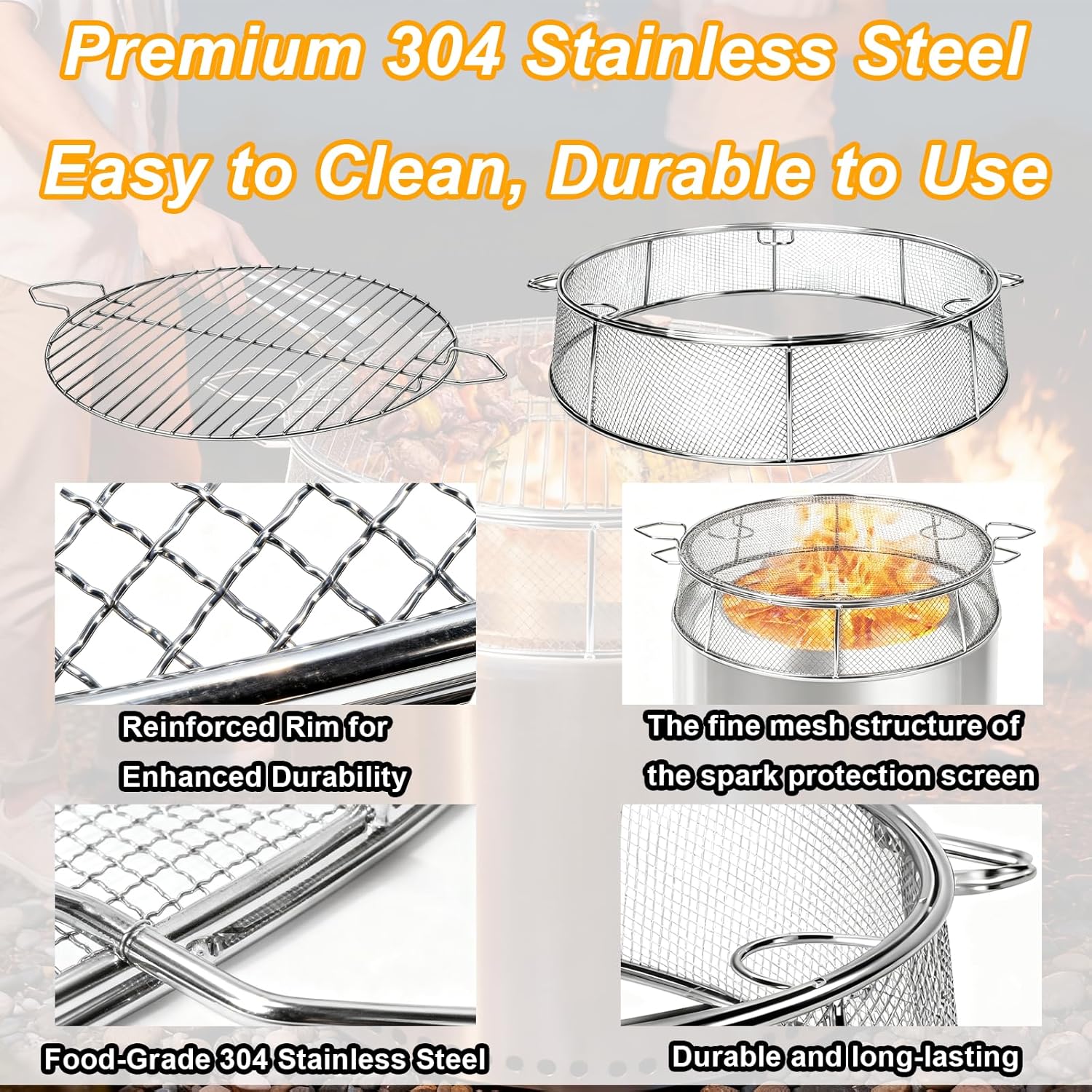 Fire Pit Spark Shield Cover & Cooking Grate for Solo Stove Bonfire 19.5 Inch, 304 Stainless Steel Fire Pit Accessories with Stand & 2 Guide Sticks, All-in-One Lid, Spark Screen and Grill Grate​​