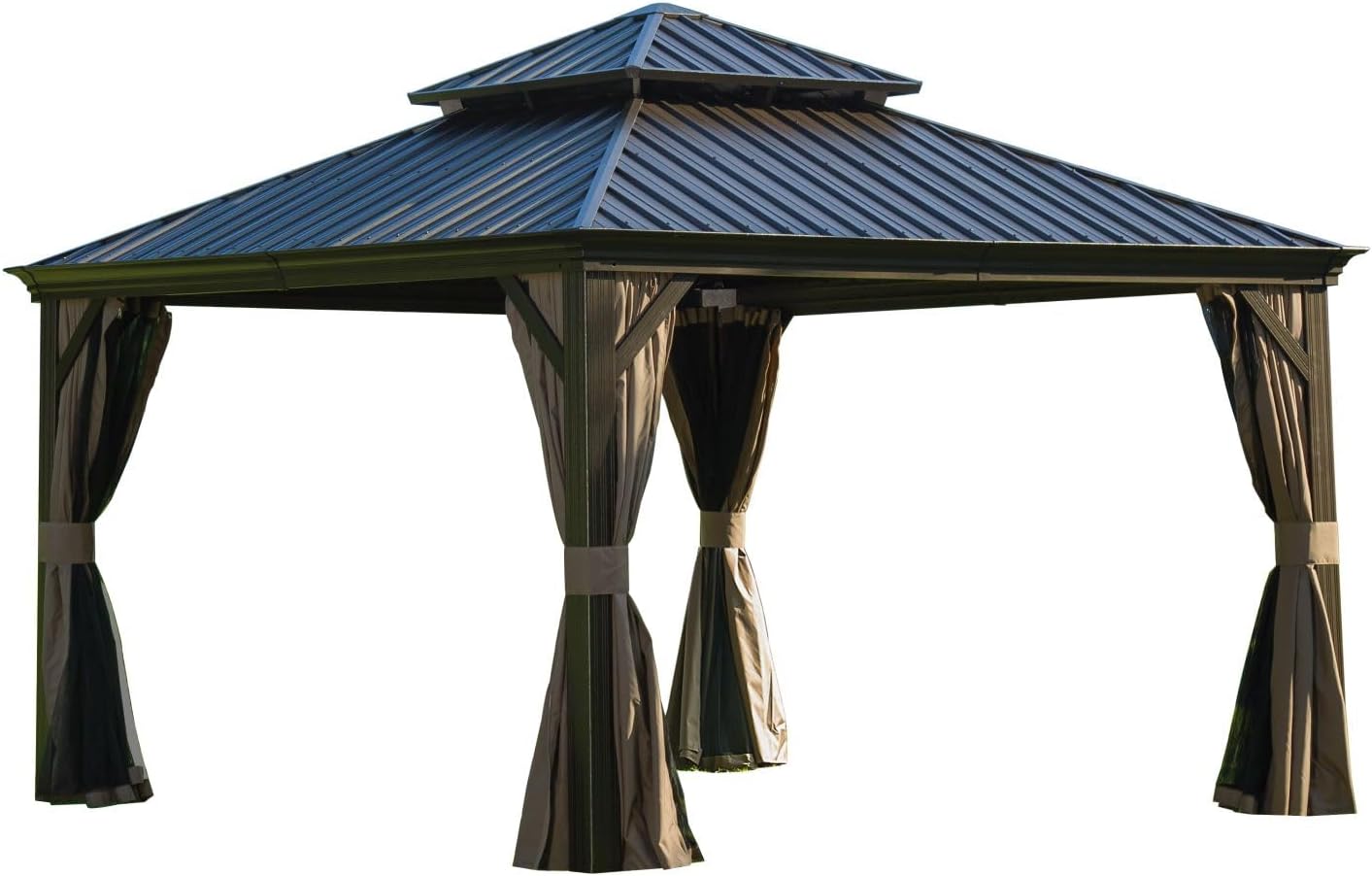 12'x12' Outdoor Hardtop Aluminum Canopy with Galvanized Steel Double Roof, Permanent Metal with Curtains Netting for Patio, Backyard, Lawn – Brown (1 Doors)