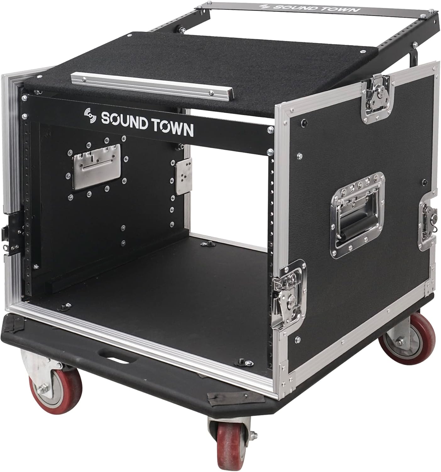 Sound Town Enhanced Thickness 1/2” (12mm) Plywood 8U Audio Rack/Road ATA Case with 11U Slant Mixer Top, 20’’ Rackable Depth, Casters, 8 Space Size, Pro Tour Grade (STMR-8UW)
