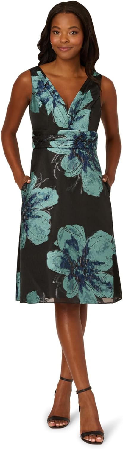 Adrianna Papell Floral Jacquard Belted A Line Midi Dress