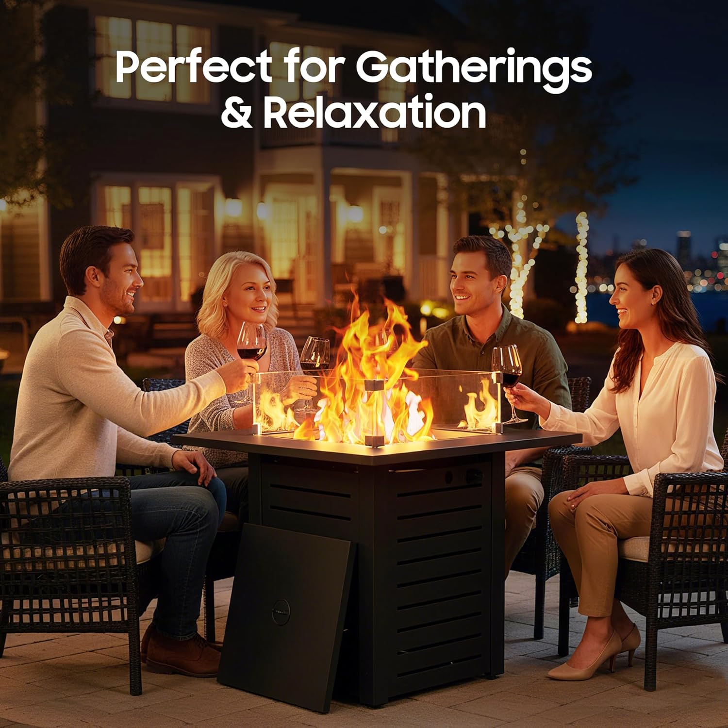 28 Inch Outdoor Propane Gas Fire Pit,50,000 BTU Gas Firepit Table with Steel Lid,304 Stainless Steel H-Burner,Lava Rocks and Wind Guard,Fire Pits for Outside Patio Deck Garden,Black