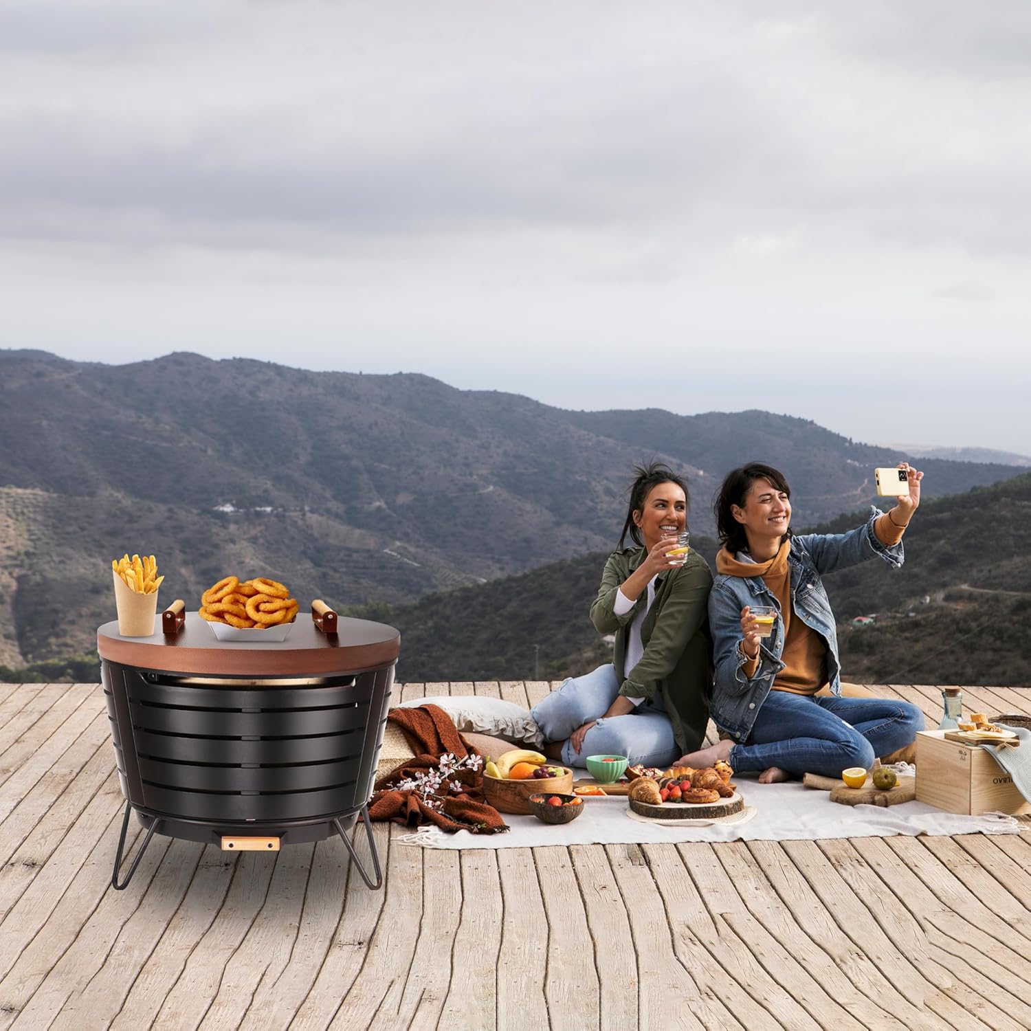 25.5” Round Fire Pit Lid – Bronze Coated fire pit cover round metal for Outdoor Fireplace 16 Gauge Steel Flat Fire Pit Burner Pan Cover with Wooden Handle Snuffer Lid for Round Patio Fire Pit