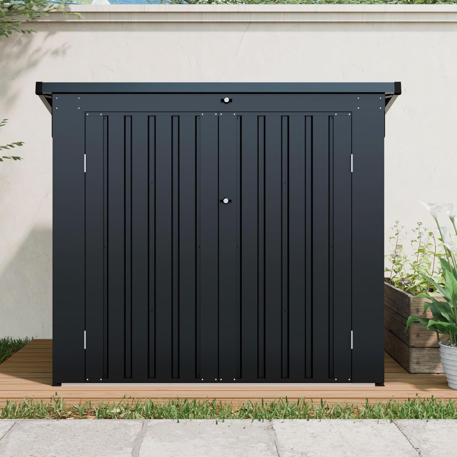 Metal Outdoor Garbage Bin Shed Storage Enclosure for Two 64-Gallon Carts, Lockable Door, Sloped Roof, Waterproof UV-Protected Galvanized Steel Walls, Utility Tool Bike Firewood Pet House Use (Black)