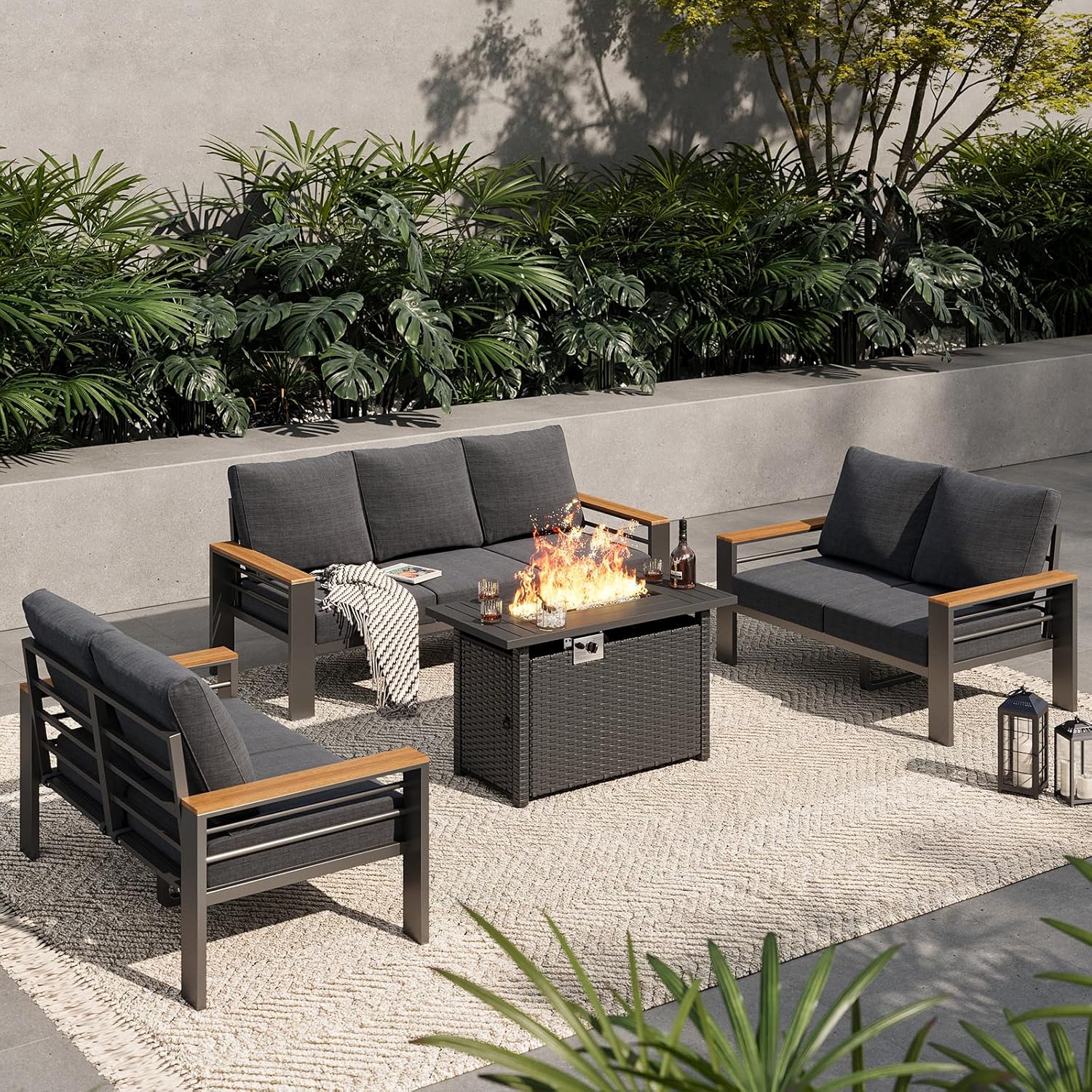 Aoxun Aluminum Outdoor Patio Furniture Set, 7 Seats Outdoor Sectional with Fire Pit Table, Patio Conversation Sets with Upgraded Armrests and Cushions for Backyard, Garden and Poolside（Dark Grey）