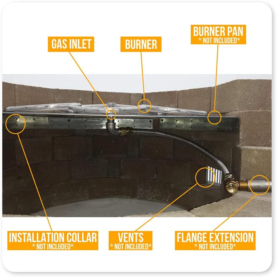 HPC Square Match Lit Fire Pit Burner Kit (FPSSQ12KIT-PAN-LP-MSCB) with 12x12-Inch Burner and 18x18-Inch Flat Pan, Propane, Polished Chrome, with Flange, Key, Valve, Flex Line and Fittings