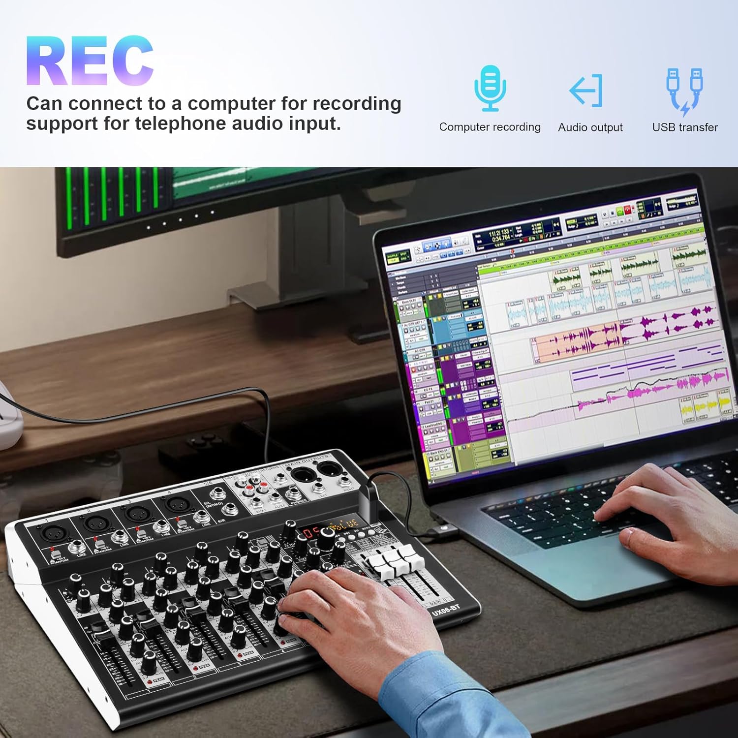 6 Channel Audio Interface Sound Board Mixing Console 16-Bit DSP DJ Mixer Audio Reverb Effect +48V Phantom Bluetooth Studio Audio Mixer For Karaoke Studio Streaming Recording