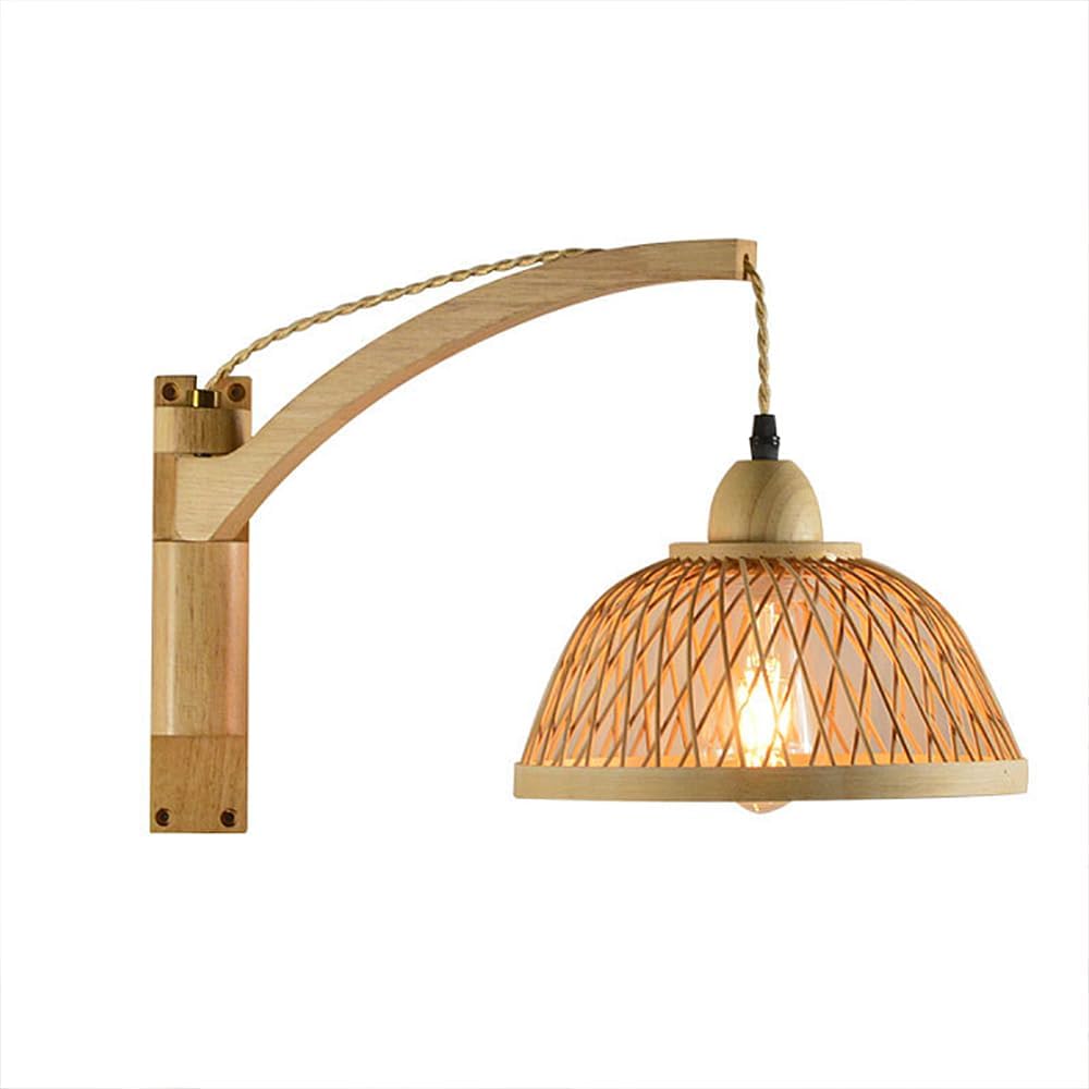Modern Plug in Wall Sconces Farmhouse Style Bamboo and Wood Lighting Fixtures Industrial Swing Arm Bamboo Lampshade Wall Light Fixture for Beside The Outdoor Door Stairs Hotel