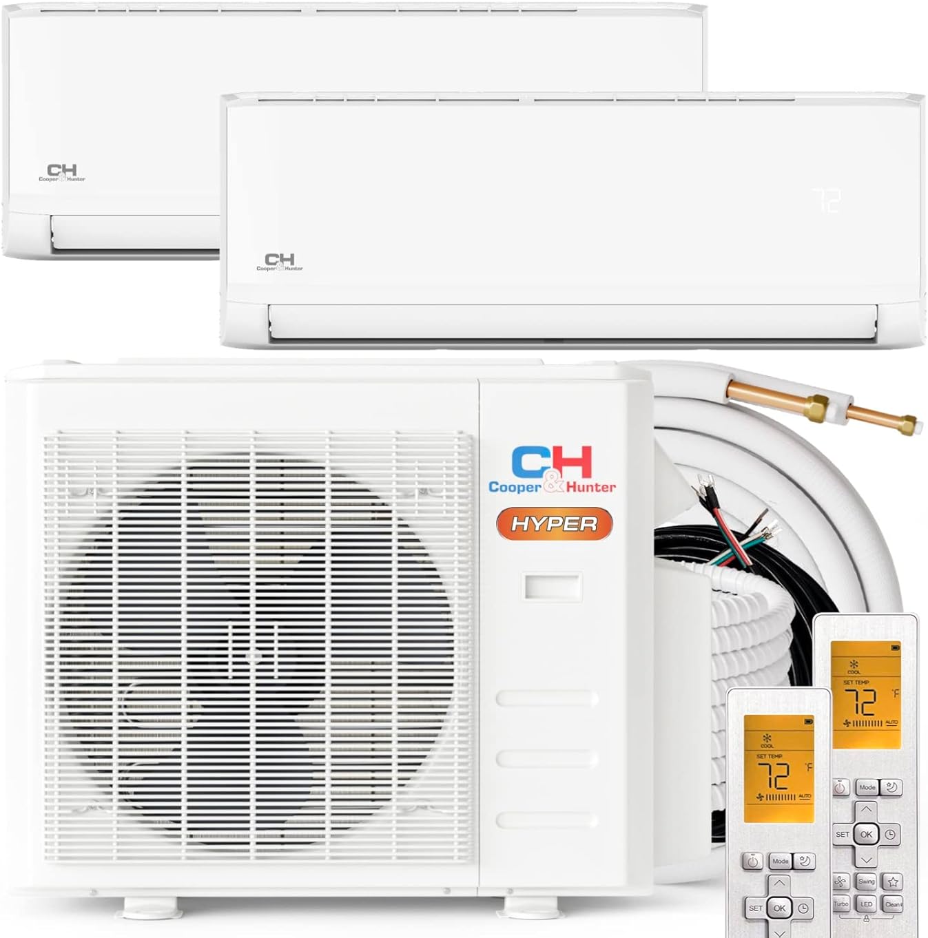 Cooper&Hunter Hyper Heat -22F Dual 2 Zone 9,000 + 9,000 BTU Ductless Mini Split Heat Pump Air Conditioner System 230V Full Set with Two 25ft Installation Kits