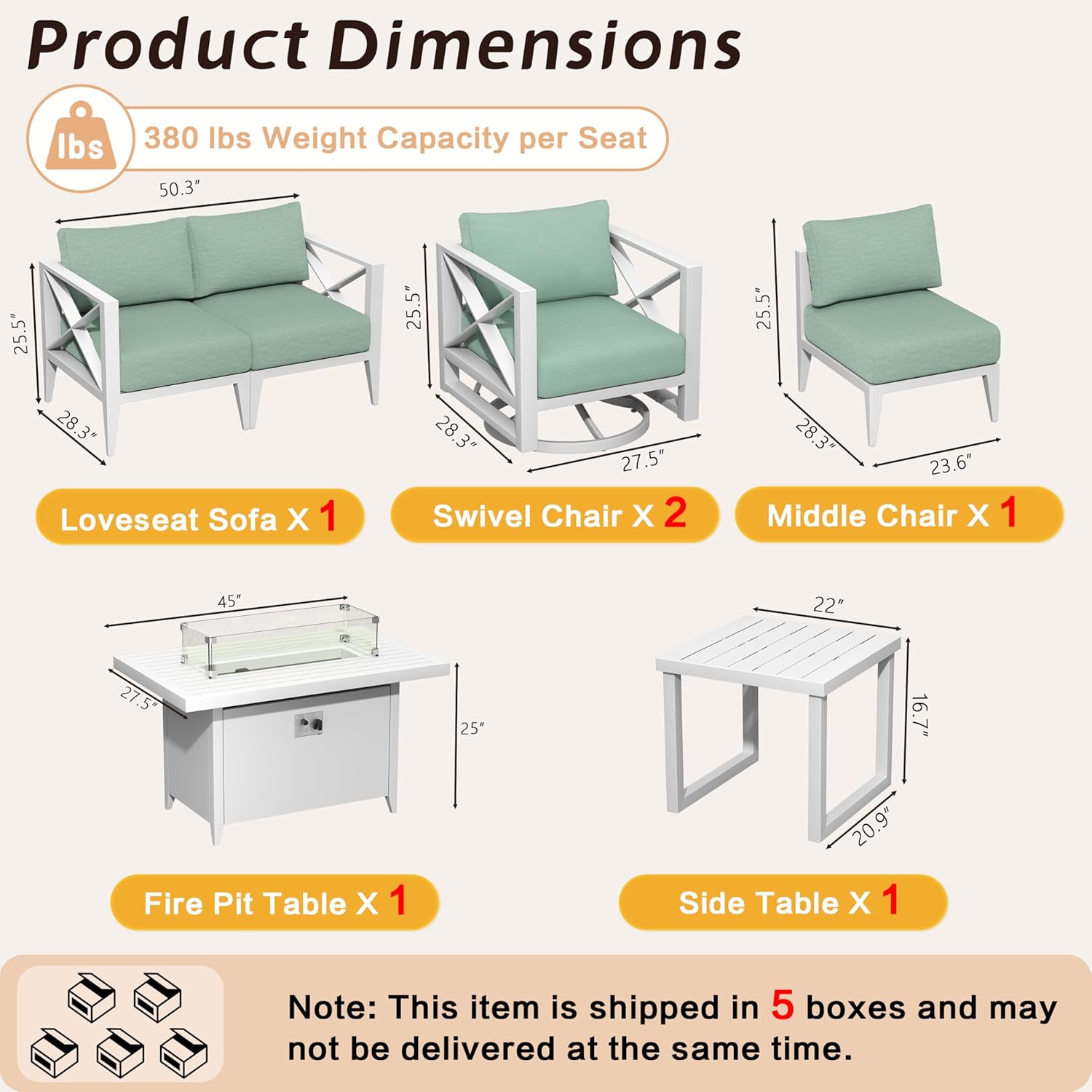 Aluminum Patio Furniture Set with Oversized Fire Pit Table, 7-Piece All-Weather Outdoor Conversation Set with Swivel Rocking Chairs, Oversized Modern Sofa for Backyard,Deck,Balcony–White
