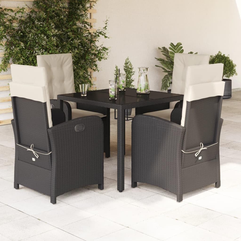 5 Piece Patio Dining Set with Cushions Black Poly Rattan,Ultimate Outdoor Comfort: Adjustable Rattan Garden Dining Set with Glass Tabletop Patio Furniture Sets, Outdoor Furniture Sets