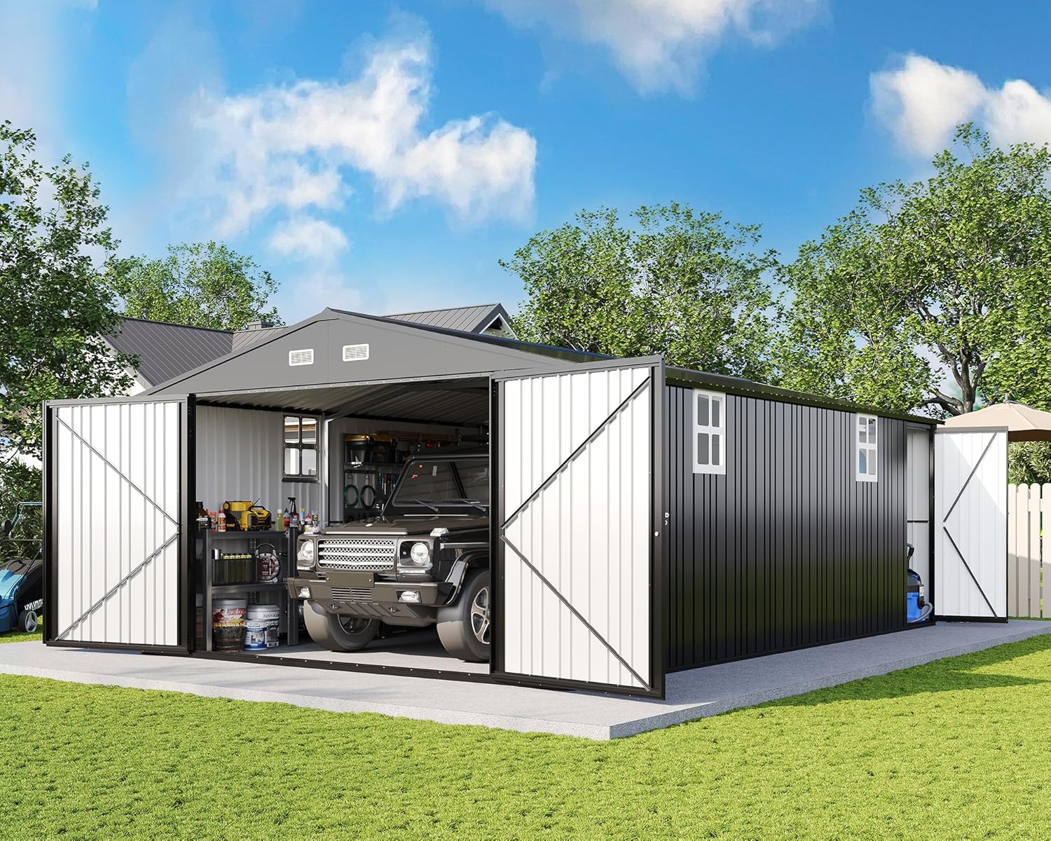 AMERLIFE 13x21x8 FT Heavy Duty Metal Garage Shed, Extra Large Outdoor Storage Shed with Double Hinged Doors, 4 Windows, Carport for Cars, Boats, Trucks and Equipment Storage, Dark Gray