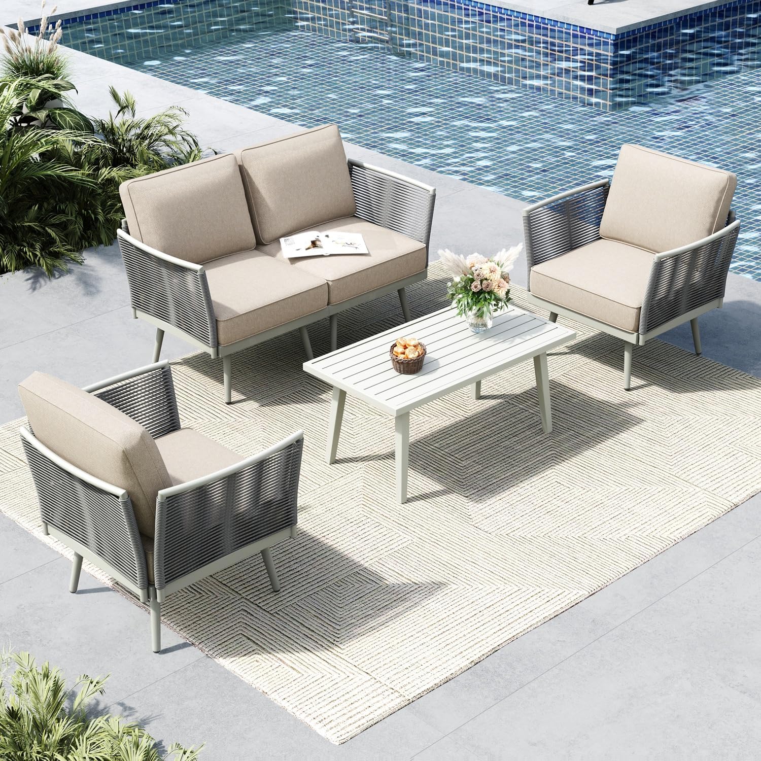 MFSTUDIO 5 Pieces Metal Patio Furniture Sets with Detachable Rope Rattan Armrest, 4 Seats Steel Outdoor Conversation Set All Weather Patio Sectional Couch with Coffee Table for Garden, Beige Cushion