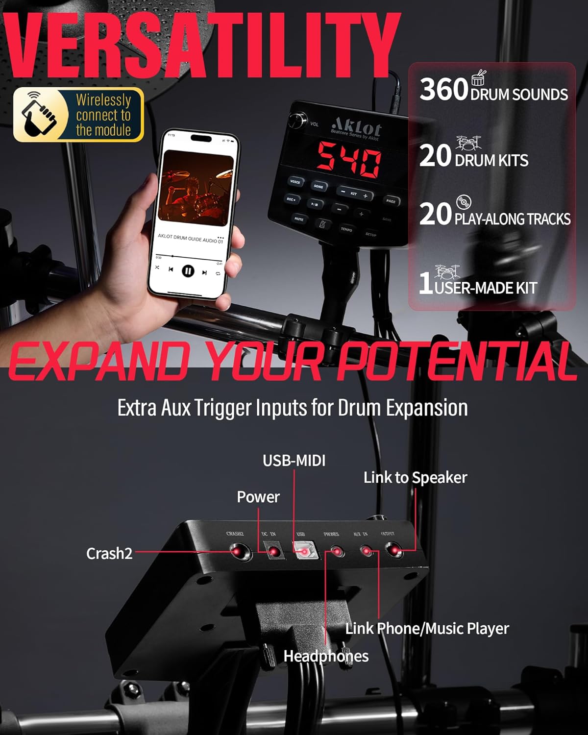 AKLOT Electric Drum Set with Kick-Tower: 4 Dual Zone Mesh Pads, 8’’ Tower-Style Kick Drum, 10’’ Snare, Dual Zone 10’’ Cymbals with Choke, 360 Sounds, User Kit, USB-MIDI, Throne, B-CORE 540 Air, Silver