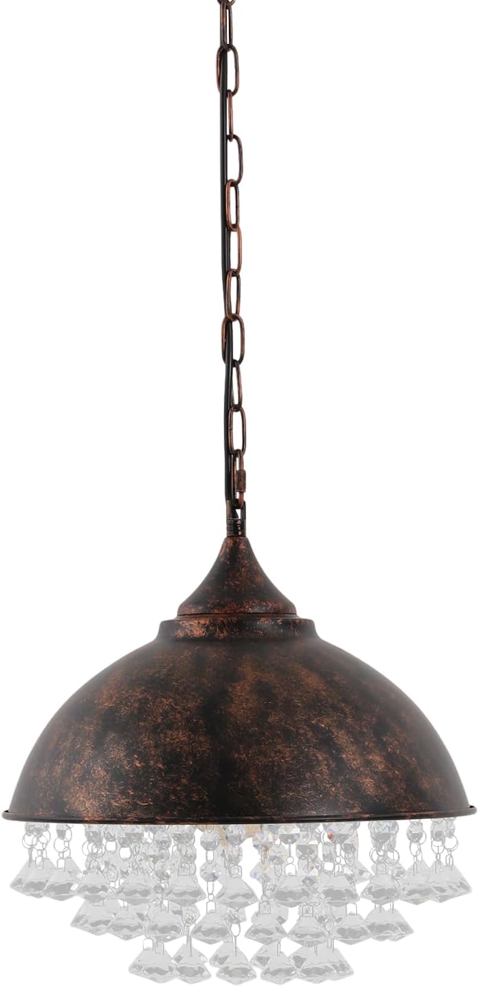 Vintage Industrial Crystal Pendant Light Mini Rust Wrought Iron Hanging Lamp Chandelier with Shaded Glittering Crystal Beads for Dining Room Bathroom Kitchen Island Loft D13.2'' x H15.4''