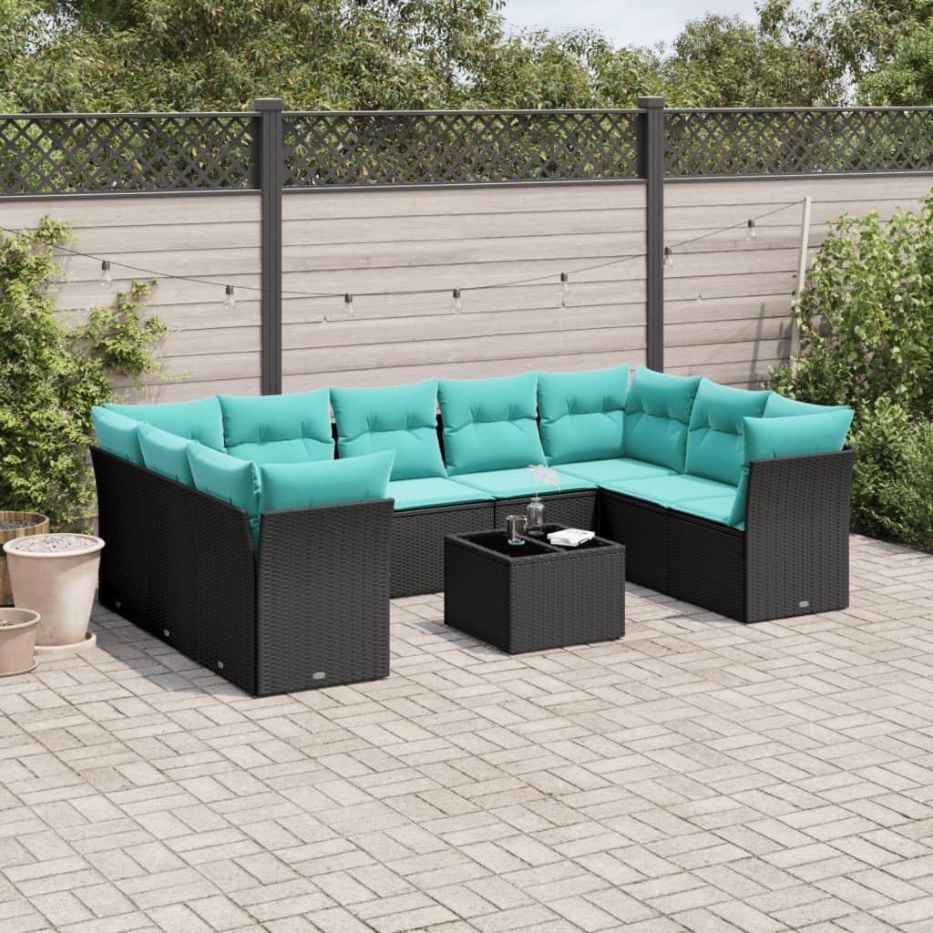 10 Piece Patio Sofa Set, Black Poly Rattan Outdoor Furniture with Cushions, Tempered Glass Table, Modular Design for Backyard, Terrace, Balcony