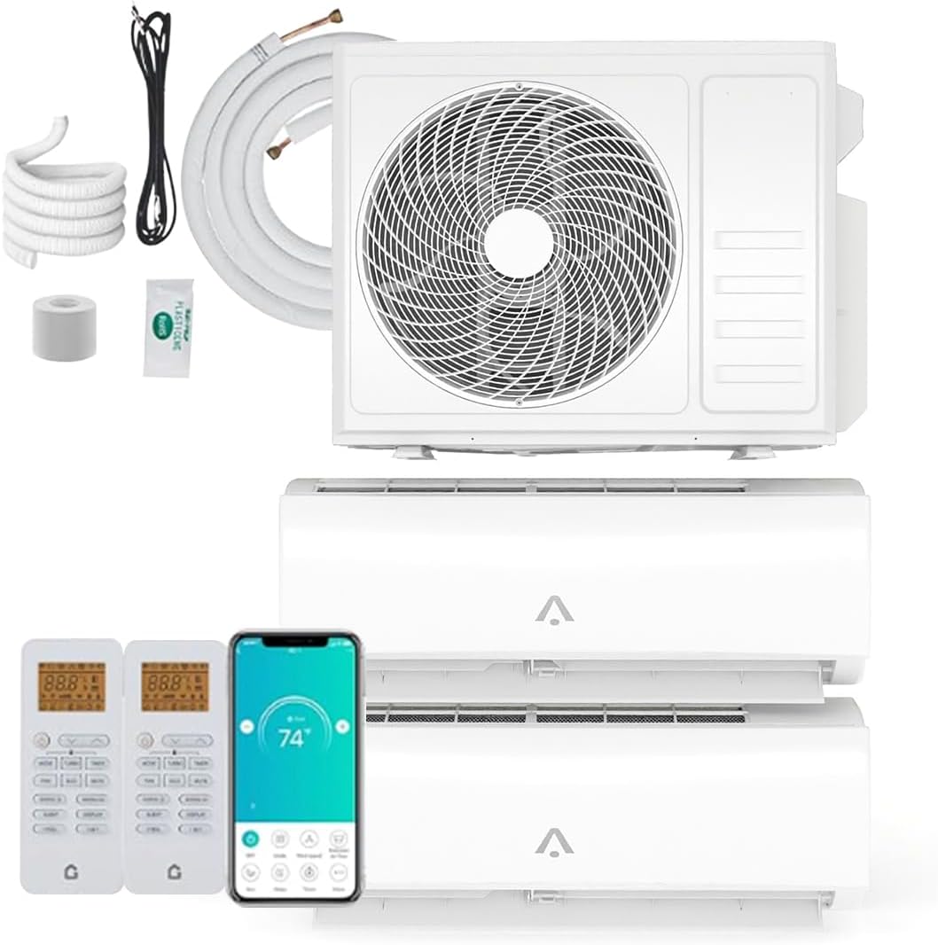 24000 BTU Dual Zone Mini Split Air Conditioner, 20 SEER2 12000+12000 BTU Wifi Enabled Multi Zone Ductless,160 Sq.Ft Cooling/Heating,Smart Inverter, Installation Kit, White