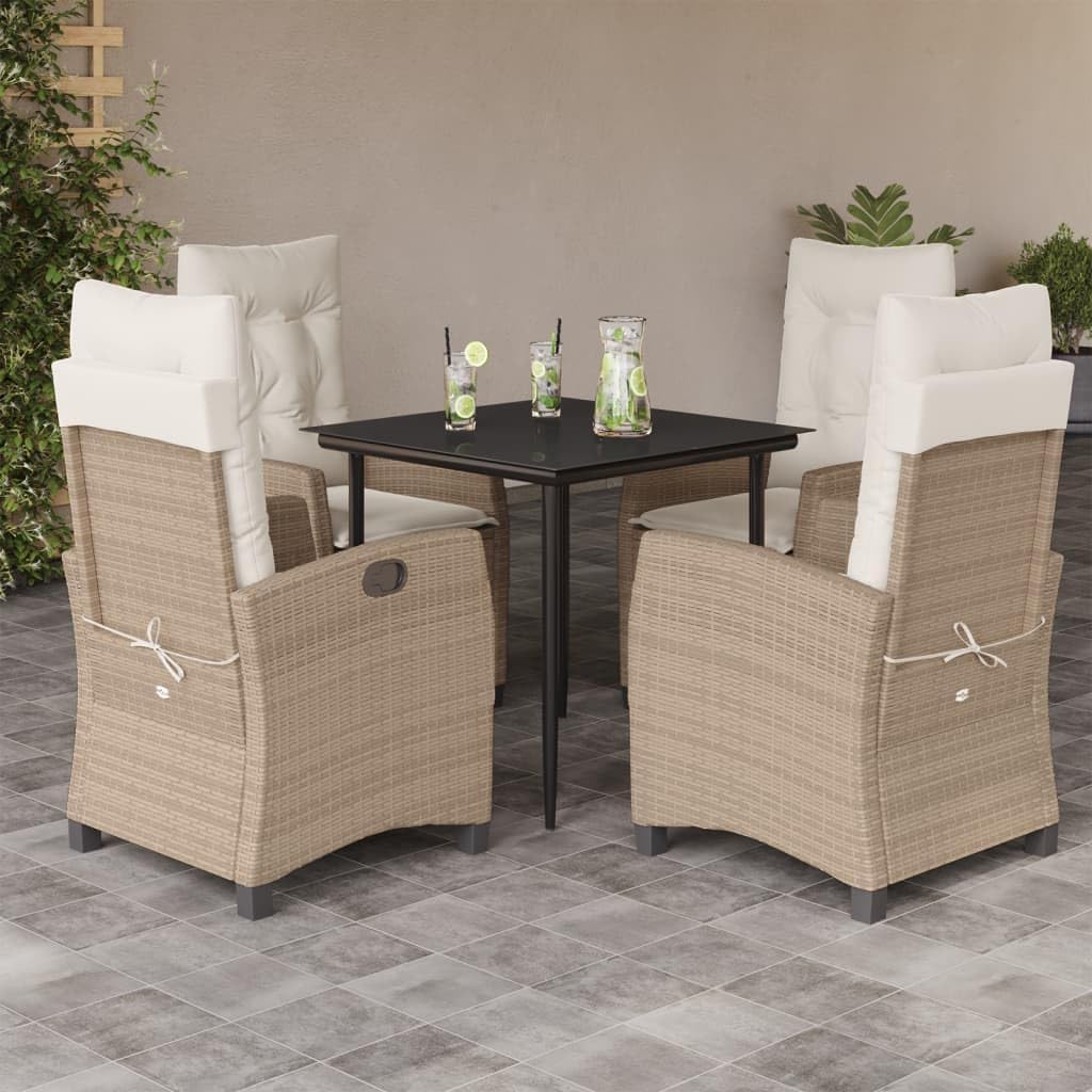 5 Piece Patio Dining Set with Cushions Beige Poly Rattan,Comfortable Outdoor Dining Set: Adjustable Backrest and Durable PE Rattan Furniture Sets for Patio, Lawn & Garden