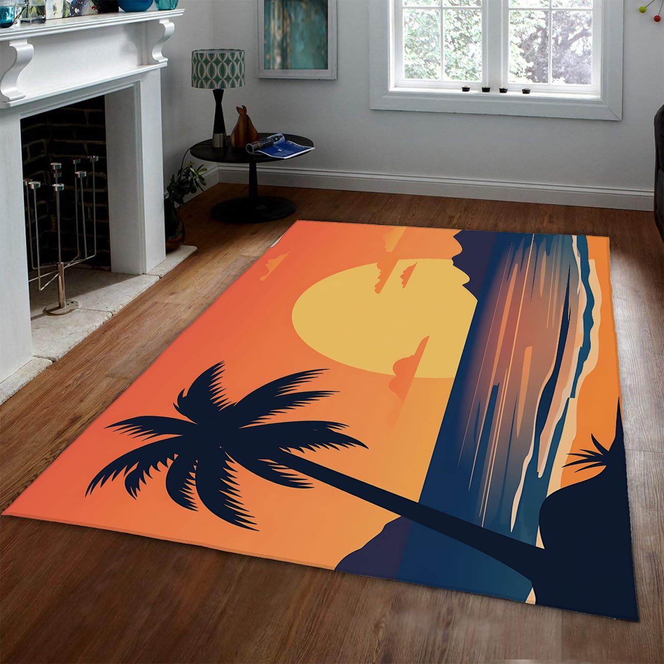 Abstract Sunset Palm Tree Indoor Rugs for Entryway 8'x10' Tropical Palm Tree Ocean Beach Accent Floor Mat Non Slip Washable Carpet for Kitchen