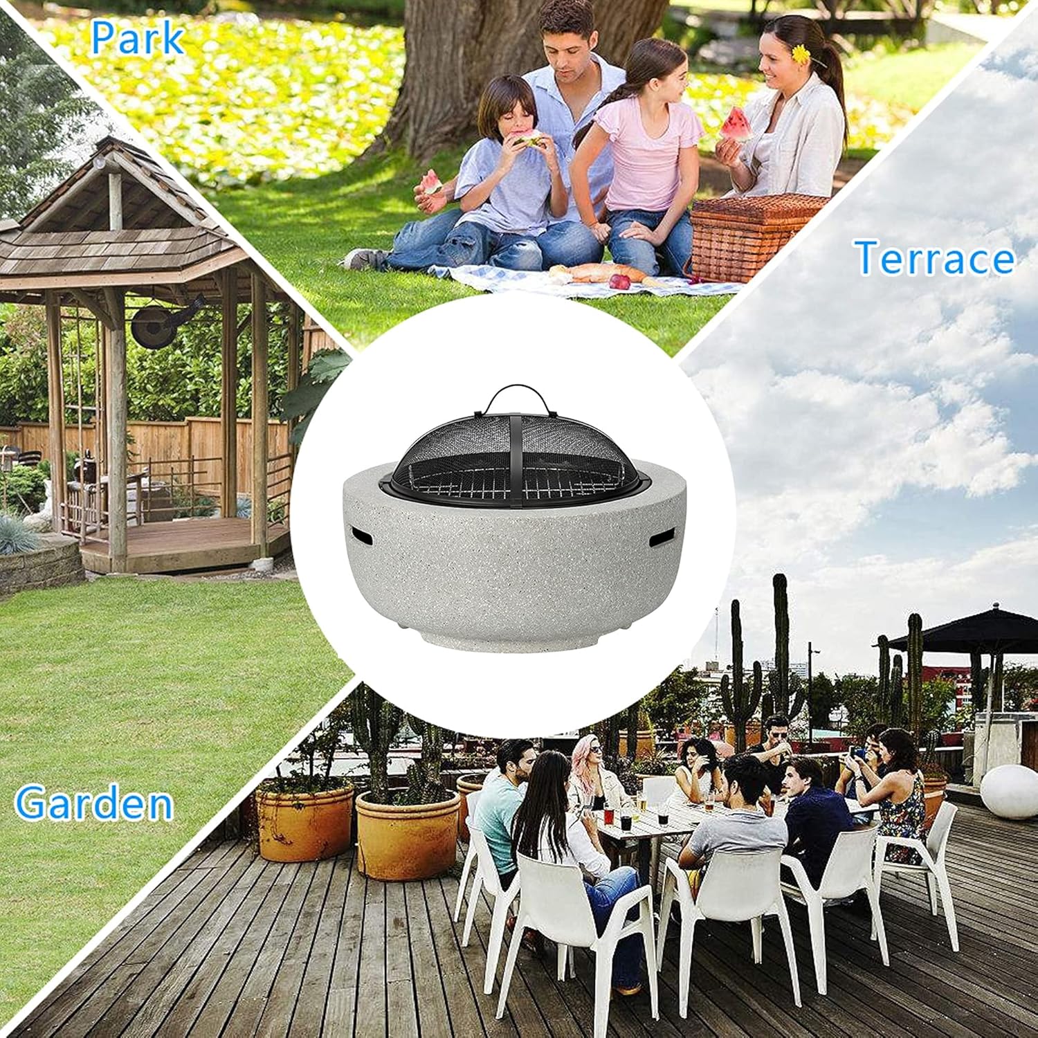 Lightweight Round Fire Pit, Outdoor Brazier, Patio Wood Burning Firepit, w/Mesh Cover Cooking Grill Poker, for Camping Picnic Bonfire Backyard