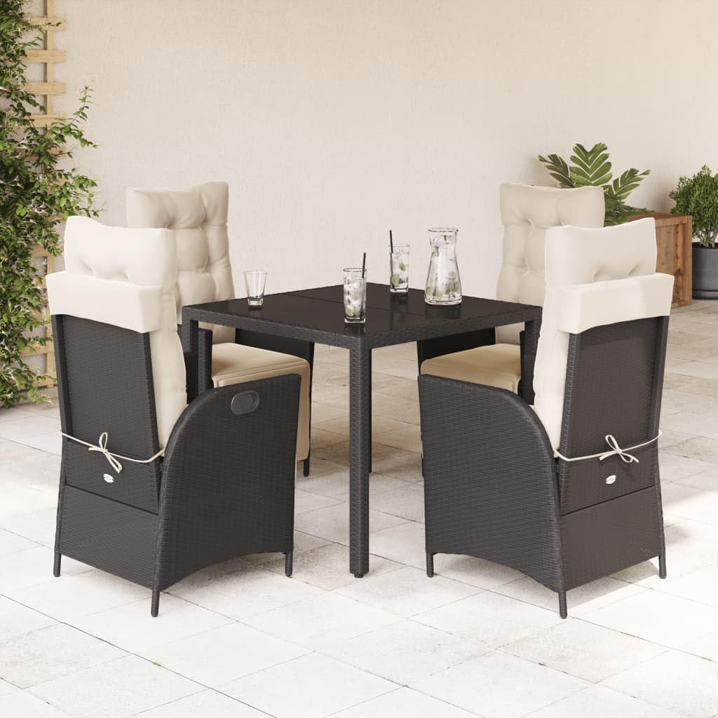 5 Piece Patio Dining Set with Cushions Black Poly Rattan Garden Furniture