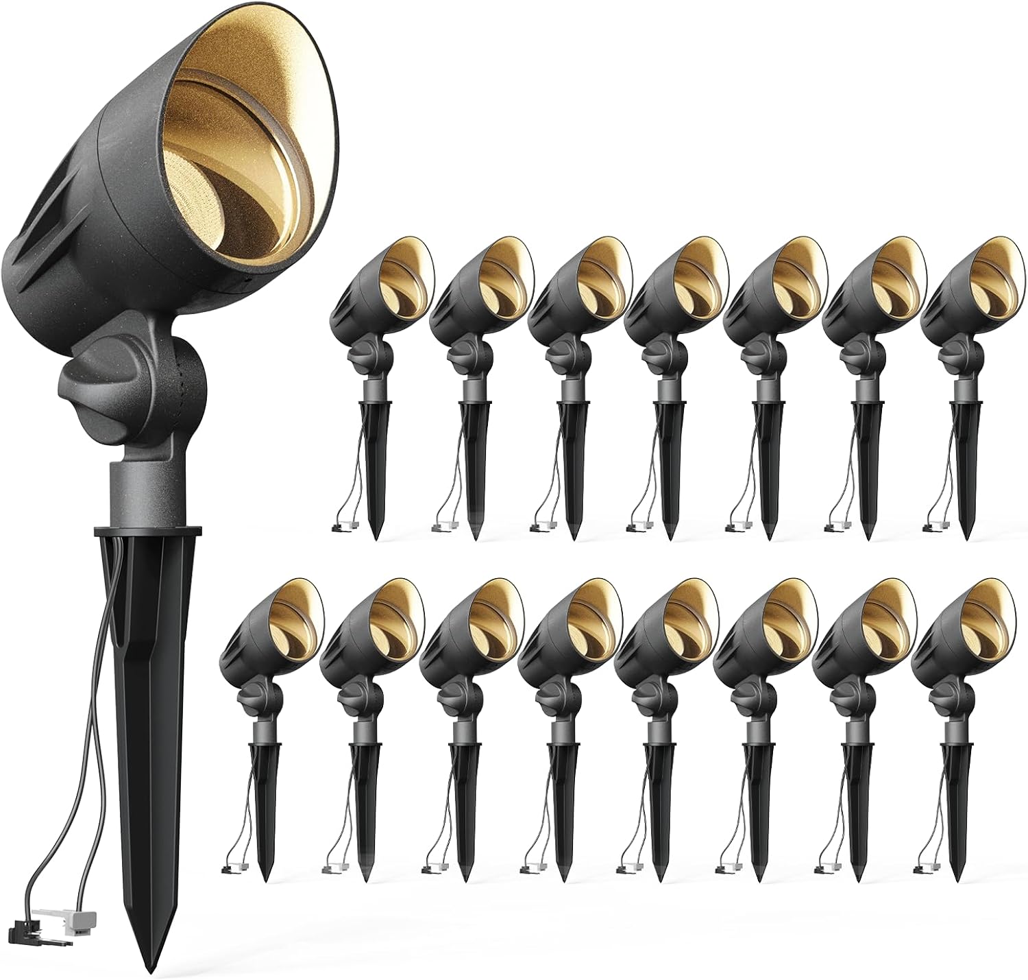 VENUS MANUFACTURING 16 Pack Low Voltage Landscape Flood Light 50W Halogen Outdoor Landscape Lighting Kits 380 Lumen Black Waterproof Spotlights 12V 3000K Warm White Metal Tree Lights for Garden & Yard