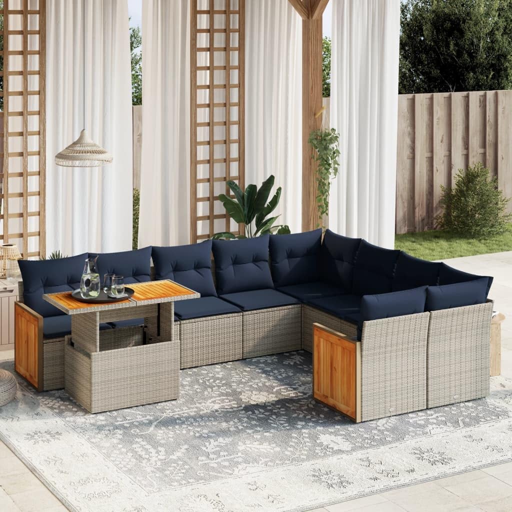 10 Piece Patio Sofa Set, Gray Poly Rattan Outdoor Furniture with Navy Cushions, Adjustable Dining Table, Modular Design, UV-Proof for Garden Balcony