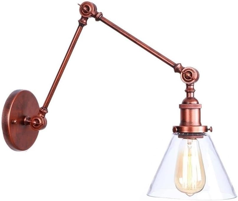KISAD Industrial Swing Arm Wall Lamp Metal Glass Shade Wall Sconces Vintage Adjustable Wall Mounted Lighting Fixture for Farmhouse Bedroom Bedside Reading Hallway Kitchen (Color : Red)