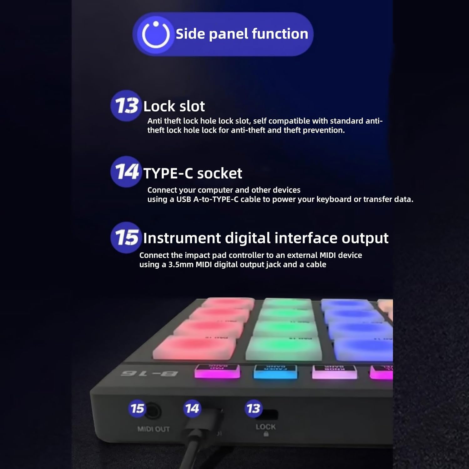 MIDI Strike Pad Controller with 16 Beat Pads Force Sensing RGB Light Anti-Theft Lock Hole Lock Slot Design