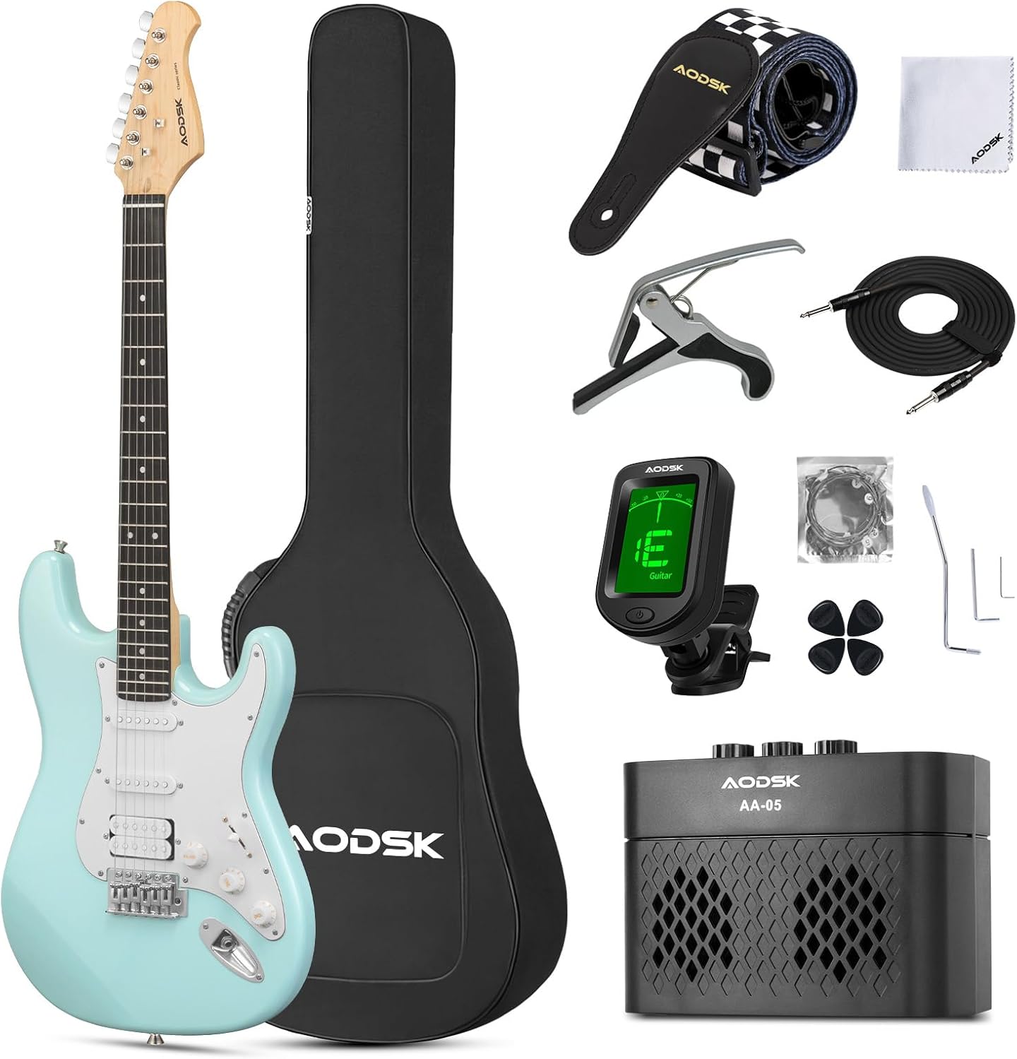 AODSK Electric Guitar with Amp Beginner Kit 39 Inch Solid Body Full Size,All Accessories,Digital Tuner,Six Strings,Four Picks,Tremolo Bar,Strap,Gig Bag,Starter kit (Blue-HSS)