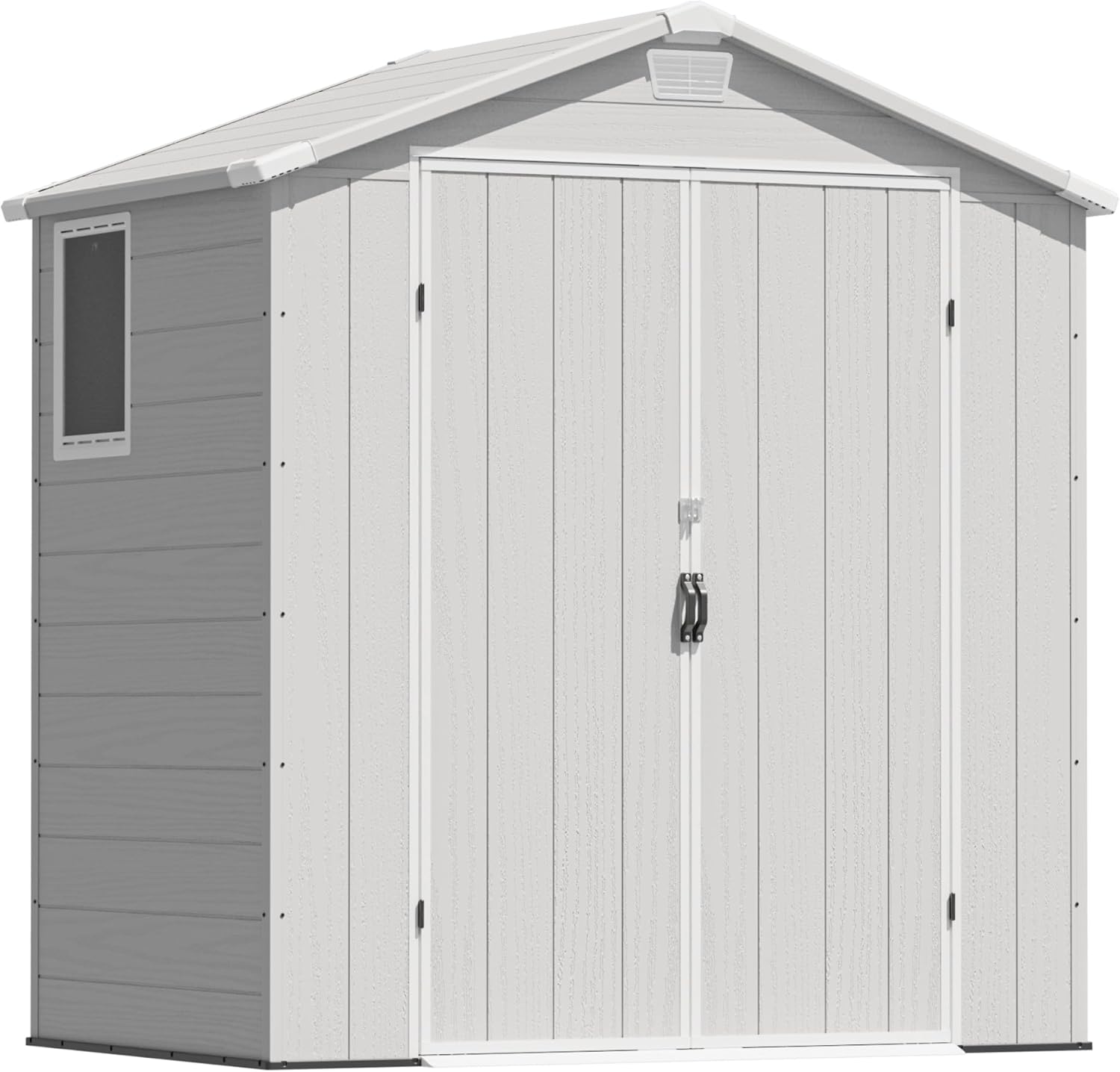 Greesum 6x4FT Plastic Outdoor Storage Shed with Floor, Resin Sheds with Lockable Double Door, All-Weather Tool Sheds with Window and Vents, for Garden, Backyard, Patio, Light Gray
