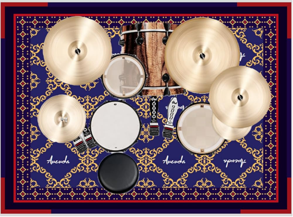 Aucuda Blue Drum Rug 4x6ft Drum Mat Outdoor, Tightly Woven Fabric Cool Drum Set Carpet with Non-Slip Grip Bottom, Electric Drum Accessories for Studio, Apartment, Soundproof, Guitar, No Crease.