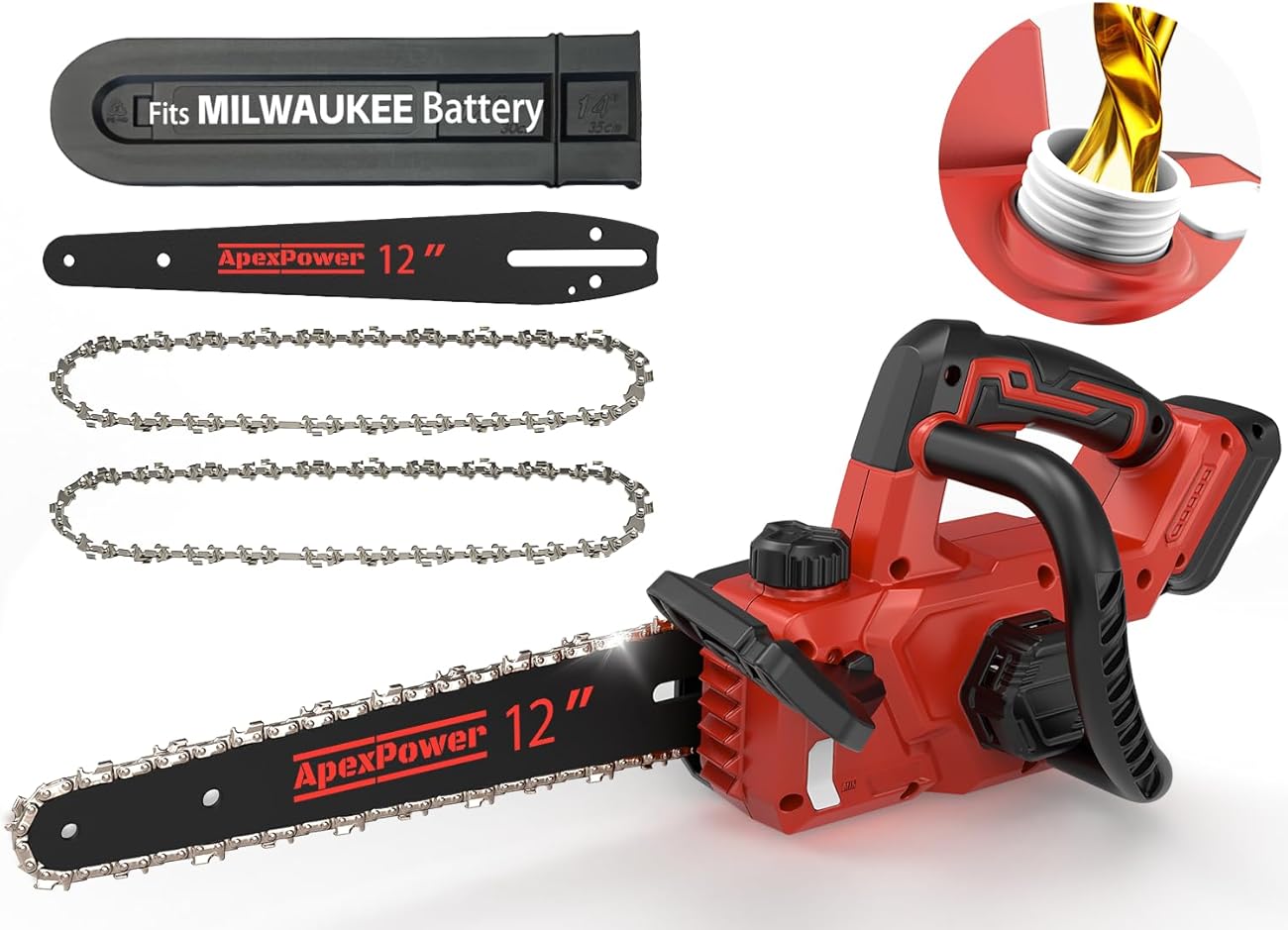 12 Inch Brushless Electric Chainsaw Cordless, Compatible with Milwaukee M18 Battery, Auto Oiler, 44.3 FT/S Powerful Cutting, Low Kickback, Battery Powered Chainsaw for Trees Pruning Wood Cutting