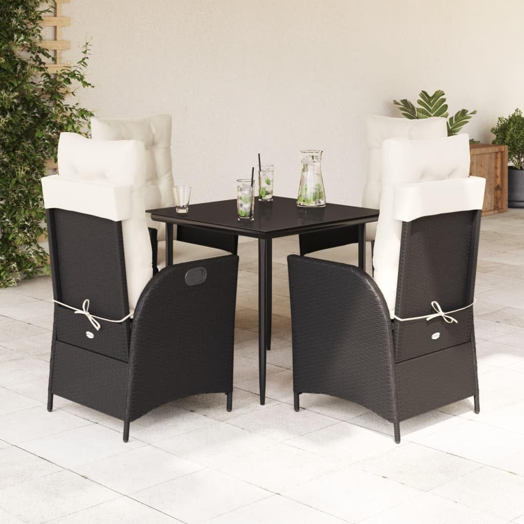 Furniture Sets 5 Piece Patio Dining Set with Cushions Black Poly Rattan,Adjustable Outdoor Dining Set with PE Rattan Lounge Chairs and Glass Top Table Garden Conversation Sets