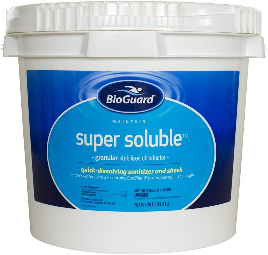 BioGuard Super Soluble Chlorine, 25 lb, Granular Stabilized Chlorinator, Quick-Dissolving, Restores Water Clarity & Contains Sunshield Protection