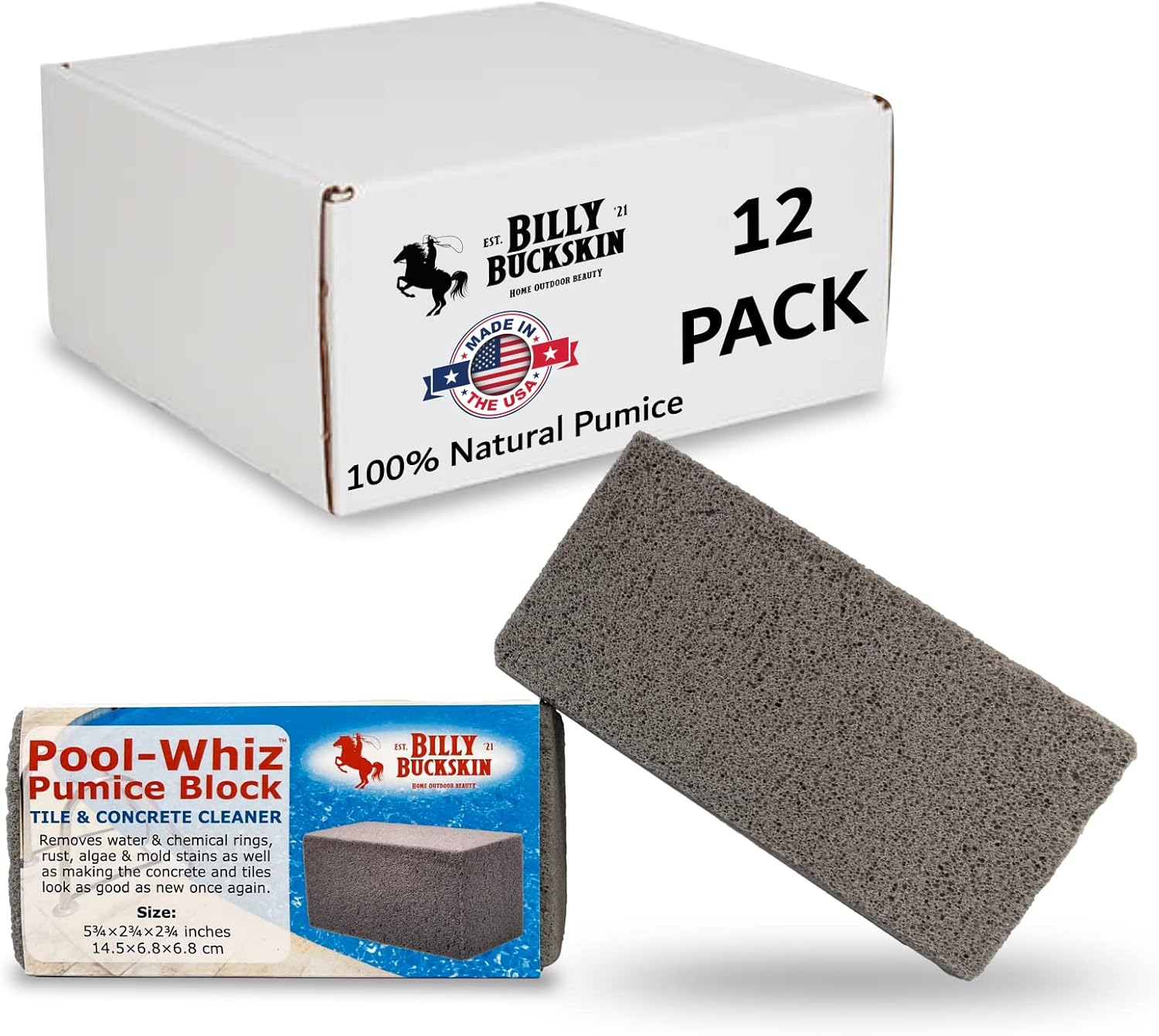 Pool-Whiz Pumice Block for Pool (12-Pack) | Pool Tile & Concrete Cleaner | Pumice Stone for Cleaning Spas, Water Features & Bathroom Floors | Cleaning Block for Rust & Stains by Billy Buckskin