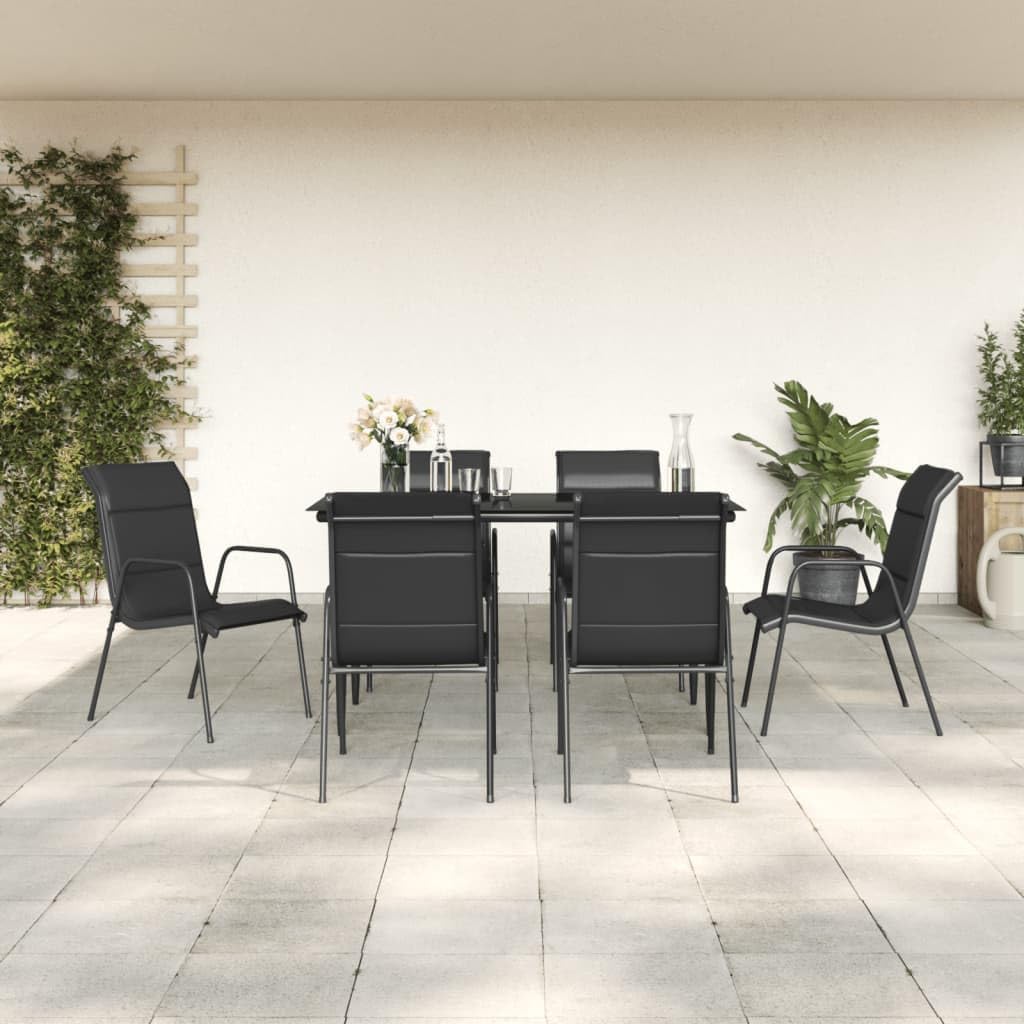 7 Piece Patio Dining Set Black Steel and Textilene,6Piece Garden Dining Set with PowderCoated Steel Frame and Tempered Glass Tabletop for Outdoor and Patio Use Patio Furniture Sets, Outdoor Furniture