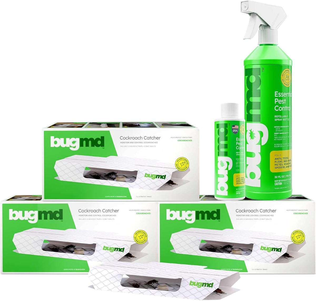 BugMD Cockroach Catcher (3 Pack), BugMD Essential Pest Control Concentrate (1 Pack) and Spray Bottle 32 oz (1 Pack) Bundle