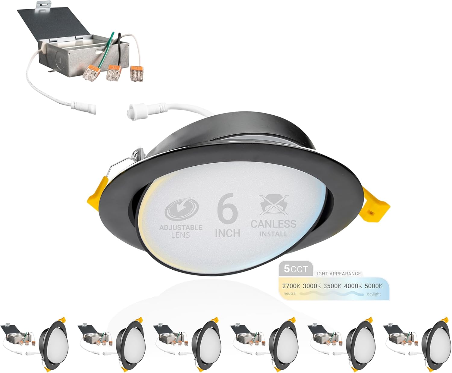NUWATT 6 Inch Black Gimbal LED Recessed Lighting Canless Wafer Lights, 5CCT 2700K/3000K/3500K/4000K/5000K, Dimmable, 1050LM, 12W, Downlight Adjustable Recessed Swivel LED Sloped Ceiling Light, 6 Pack