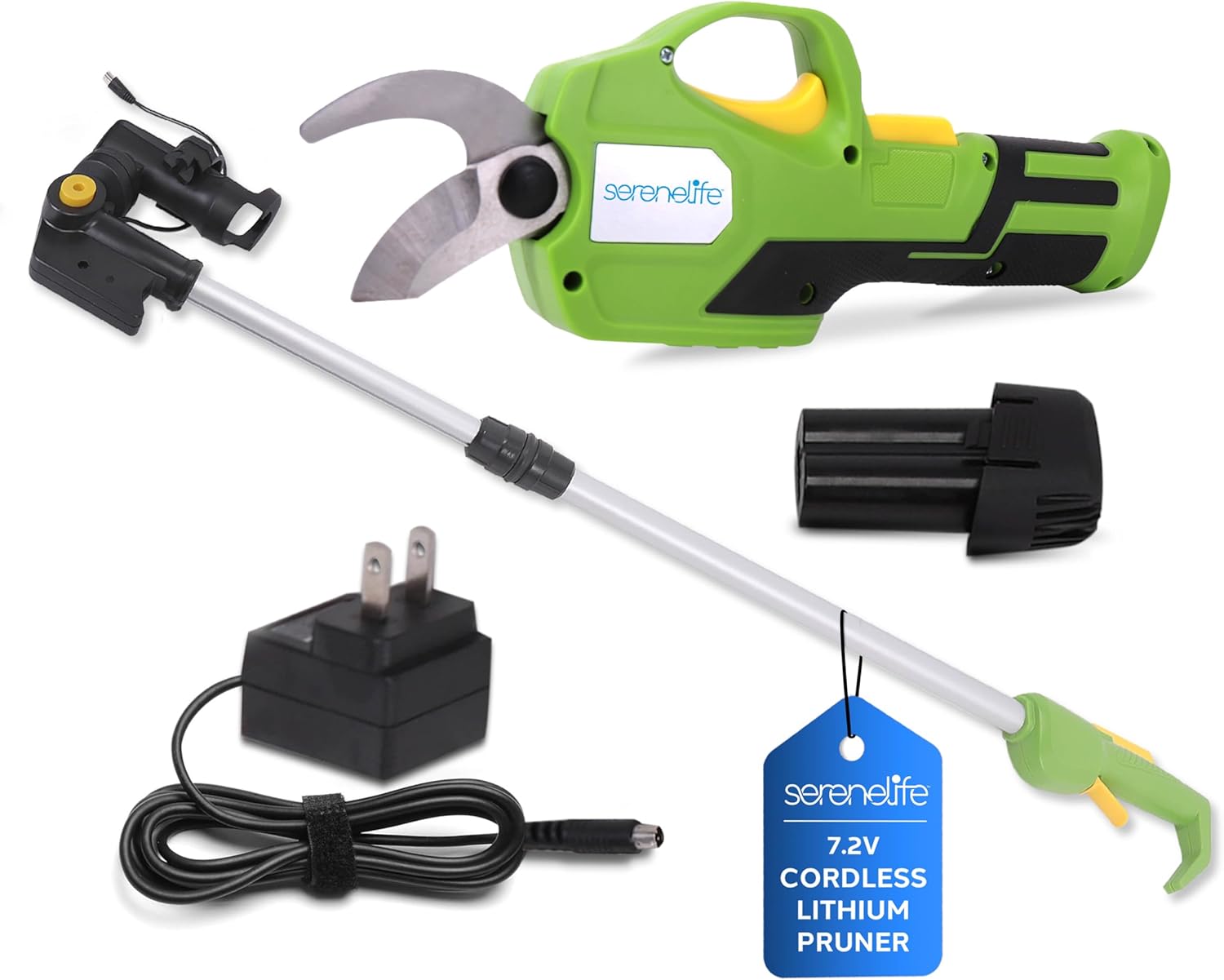 SereneLife Cordless Electric Pruning Shear, 7.2V Lithium Battery, Telescopic Handle, 3/4