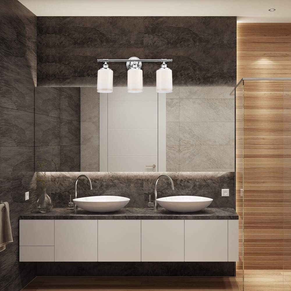 Globe Electric 51414 Freya 5-Piece All-in-One Bathroom Set, 3 Vanity Light with White Shades, Bar, Towel Ring, Robe Hook, Toilet Paper Holder, Chrome with Frosted Glass