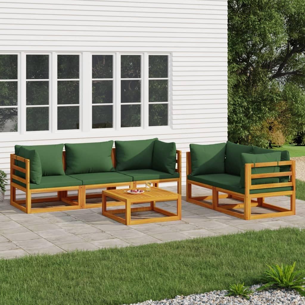 Patio Set 6 Piece Patio Lounge Set with Green Cushions Solid Wood