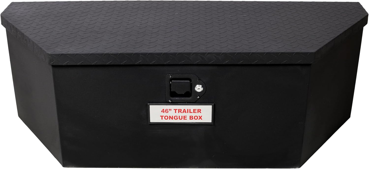 Heavy Duty Steel Tongue Truck Box with Lock & Keys, 6.7 CUFT Weather-Resistant Black Storage for A-Frame Trailers, For Handymen Contractors - 46X18X14.5 Inch