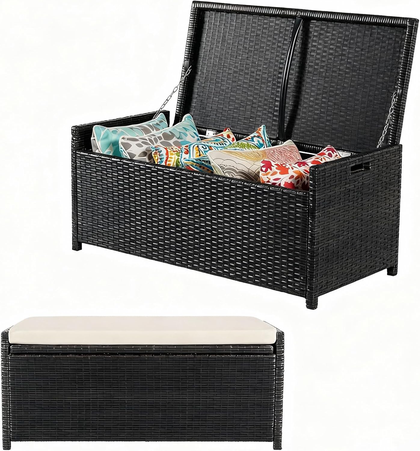 PROHIKER 2-in-1 Wicker Deck Box Bench, All-Weather 55 Gallon Outdoor Storage Box with Cushions and Waterproof Bag, Rattan Storage Bench for Pool Tools, Outdoor Equipments and Garden Tools, Black/Beige