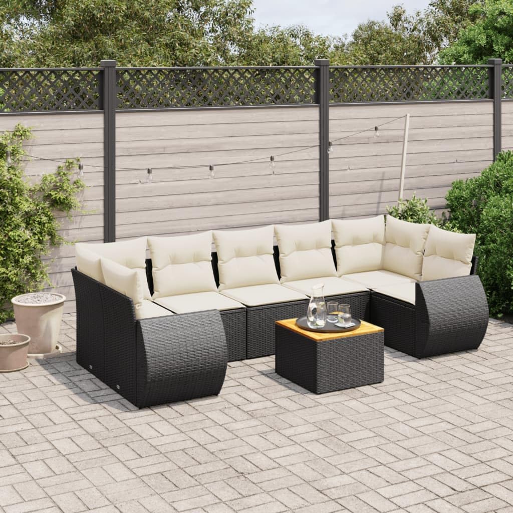 8-Piece Garden Sofa Set, Black Cream White Rattan, Modular Outdoor Patio Furniture with Storage, UV-Resistant, 7-Seater for Balcony