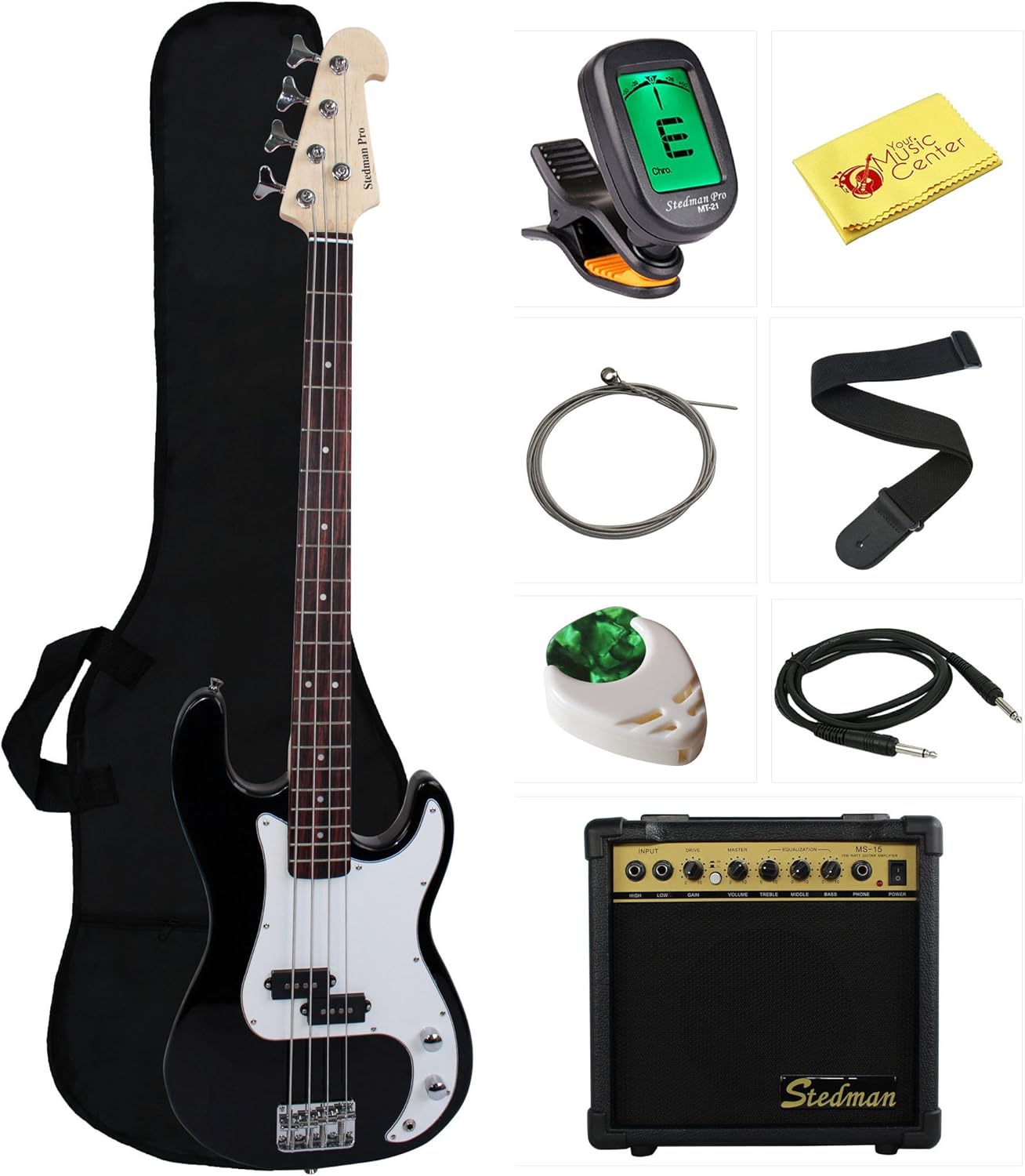 Stedman Beginner Series Bass Guitar Bundle with 15-Watt Amp, Gig Bag, Instrument Cable, Strap, Strings, Picks, and Polishing Cloth - Black