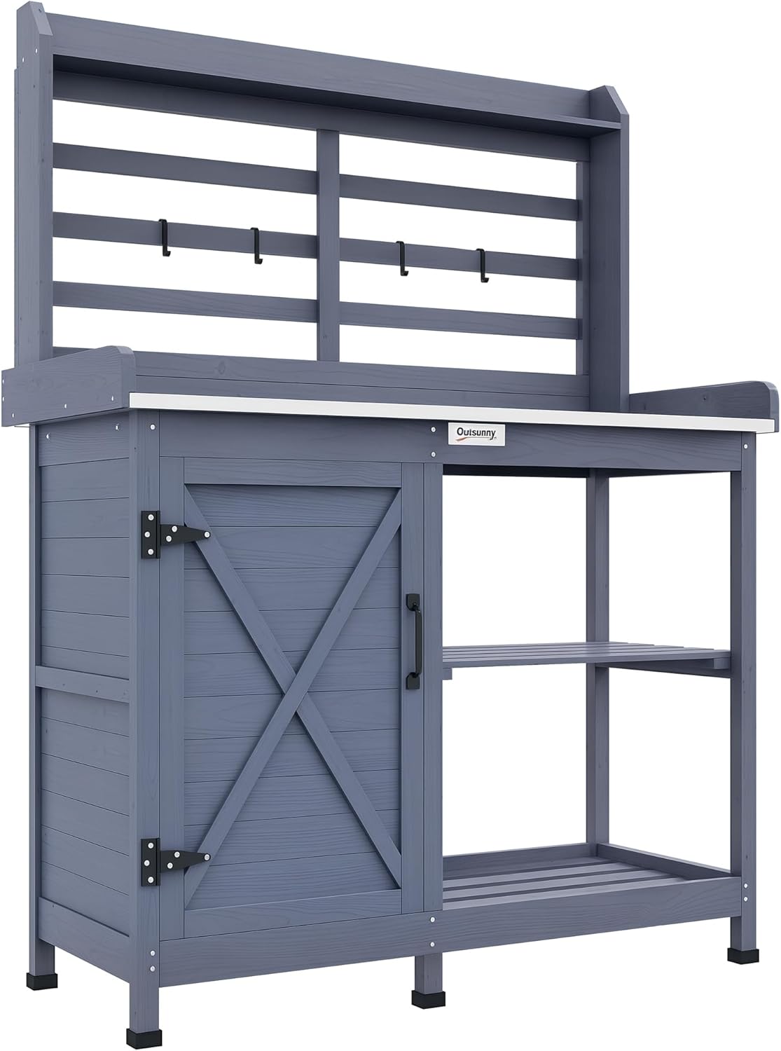 Outsunny Outdoor Wooden Potting Bench Table, Garden Workstation with Storage Cabinet, Storage Shelves for Backyard, Patio, Balcony, Gray