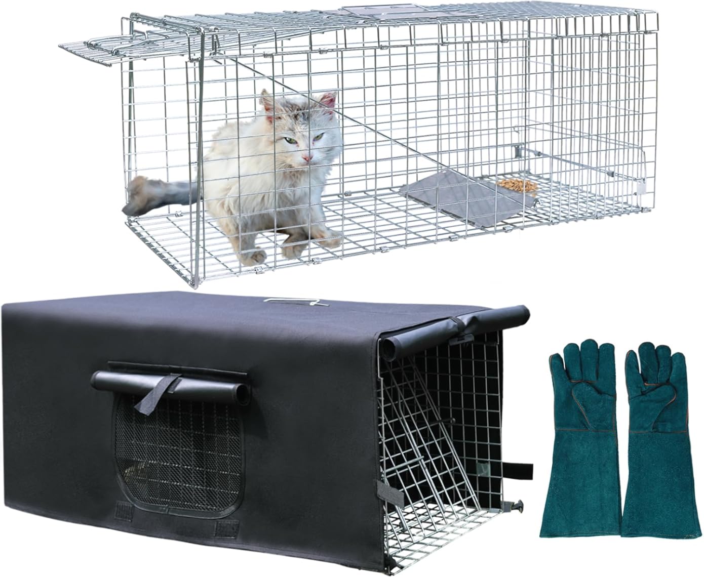 Live Anmials Trap Cage with Cover & Glove, Cover with Mesh Window for 1-2 Door, 32 Inch Heavy Duty Folding Humane Animal Trap Cage for Raccoon, Squirrel, Skunk, Catch, Opossums, Groundhogs