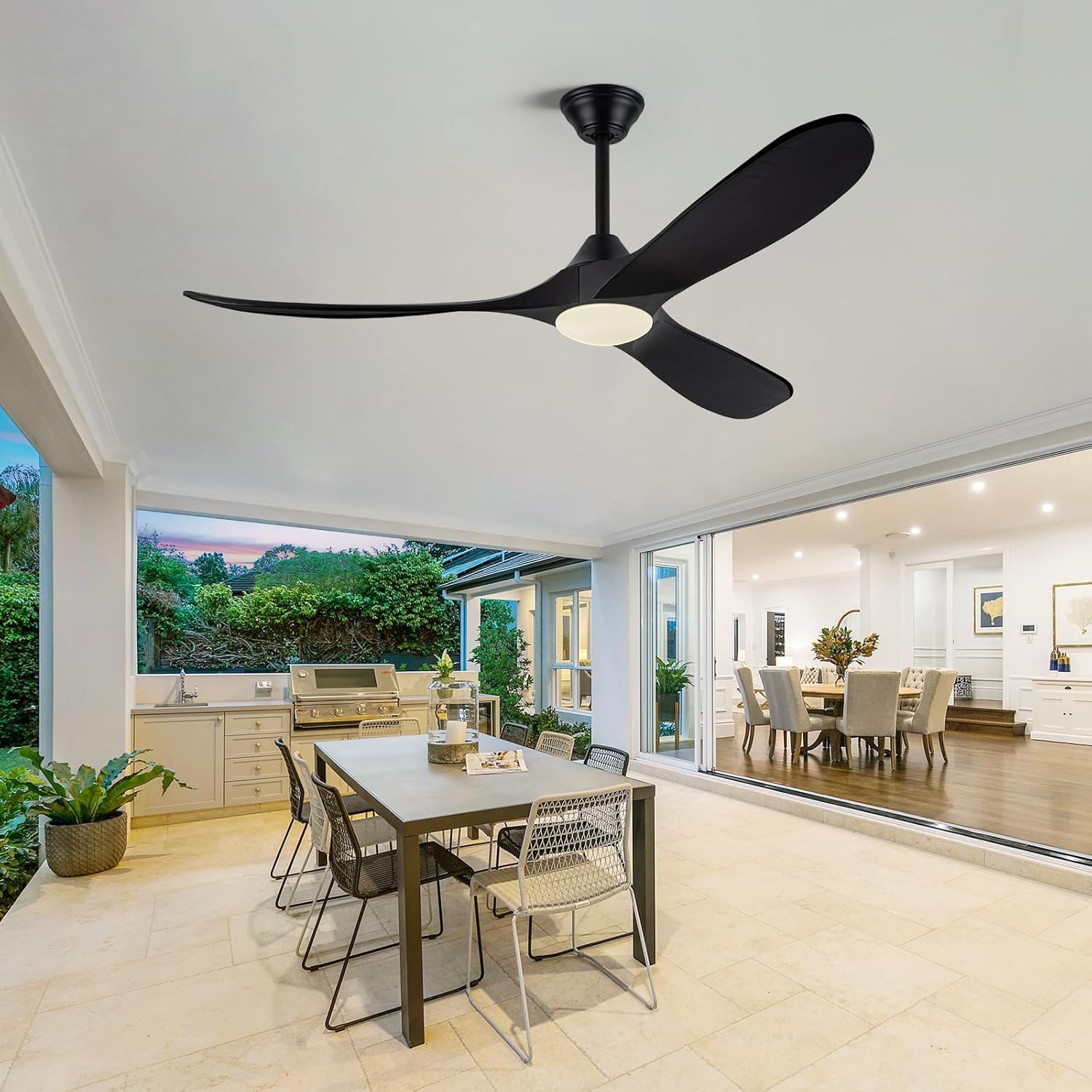 Savey'Sley 60 Inch Outdoor Ceiling Fan with Light, for Patio and Covered Porch - Quiet Energy Efficient DC Motor, 3 Black Wood Blades Rustic Farmhouse Style, Dimmable for Indoor Living Room, Bedroom