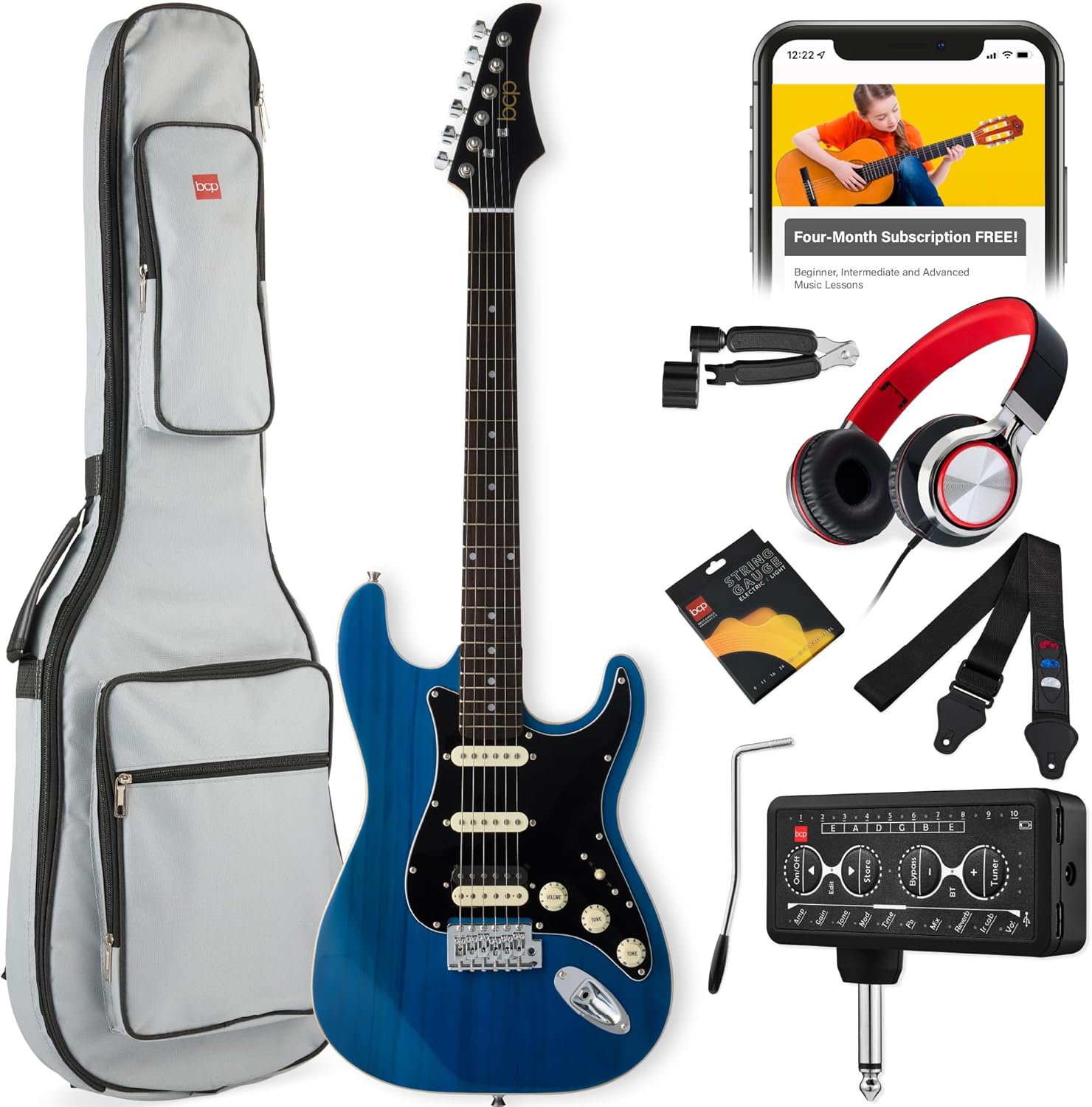 Best Choice Products Beginner HSS Electric Guitar Kit w/Headphone Amp, Padded Gig-Bag, Headphones, Guitar Strap - Midnight Blue/Black
