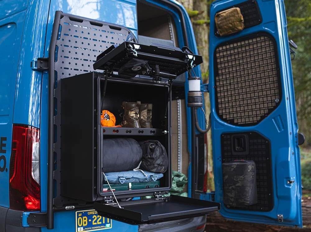 Flatline Van Co. Rear Storage Box for FVCO Rear Door Platforms | Adds 6 Cubic Feet of Storage | Exterior Accessory Panel | Interior Molle Panel | Locking Latches | Lightweight Aluminum Design